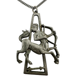 24” Vintage Cathedral MCM Pewter Figural Sagittarius Zodiac Pendant Necklace